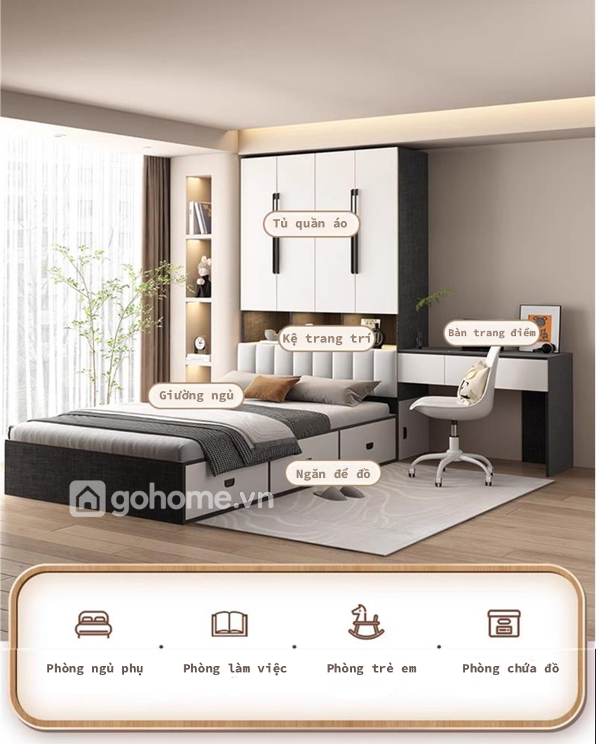 Combo Giường Hộp Đa Năng Kết Hợp Tủ Quần Áo Cùng Bàn Trang Điểm Đơn Giản GH-15018 - Ảnh 3