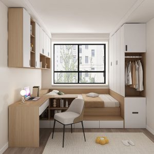 Combo Giường Ngủ Kèm Tủ Quần Áo, Kệ Trang Trí Treo Tường Và Bàn Học Gỗ MDF Cao Cấp GH-15015