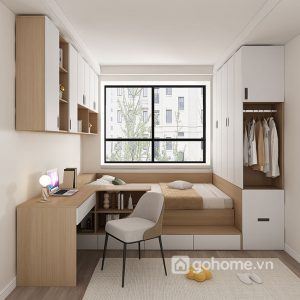 Combo Giường Ngủ Kèm Tủ Quần Áo, Kệ Trang Trí Treo Tường Và Bàn Học Gỗ MDF Cao Cấp GH-15015