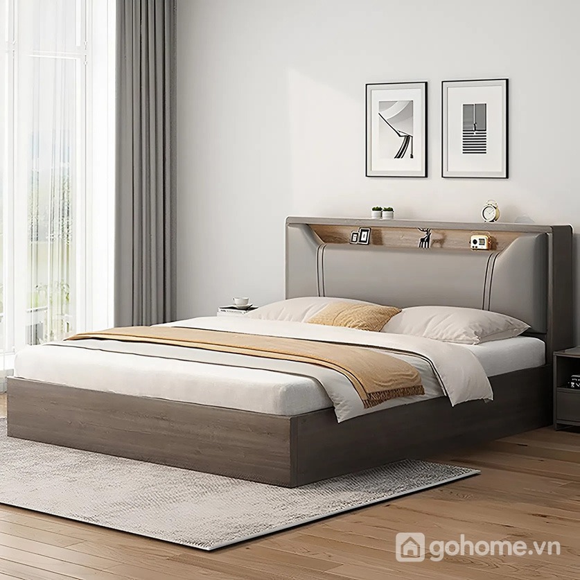 Giường ngủ bọc nệm đầu giường có kệ để đồ cho không gian sống gọn gàng và tiện nghi