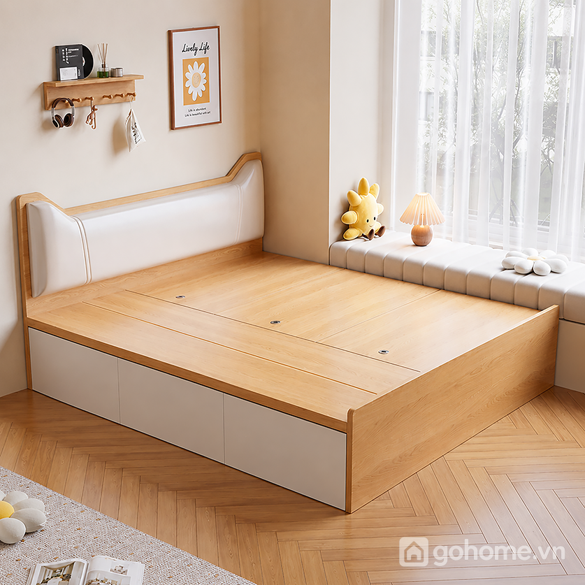 Giường ngủ có khoang chứa đồ và ngăn kéo bọc da đầu giường cho phòng ngủ hiện đại