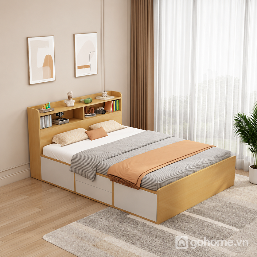 Giường ngủ có ngăn chứa đồ và kệ đầu giường giúp tối ưu không gian phòng ngủ
