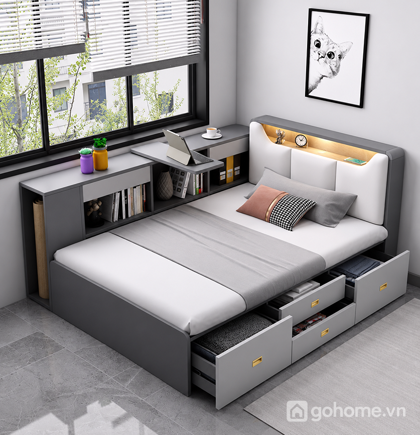 Giải pháp giường ngủ đa năng tích hợp bàn làm việc và kệ sách cho phòng ngủ hiện đại
