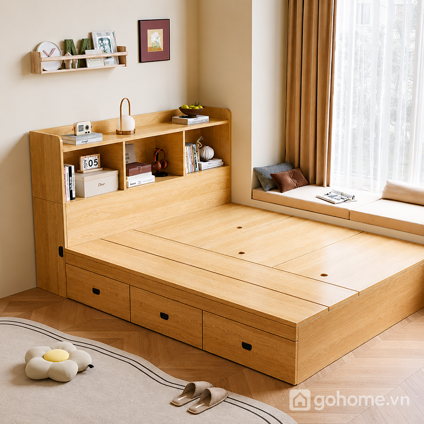Giường ngủ gỗ có hộc chứa đồ và kệ đầu giường giúp tối ưu không gian phòng ngủ
