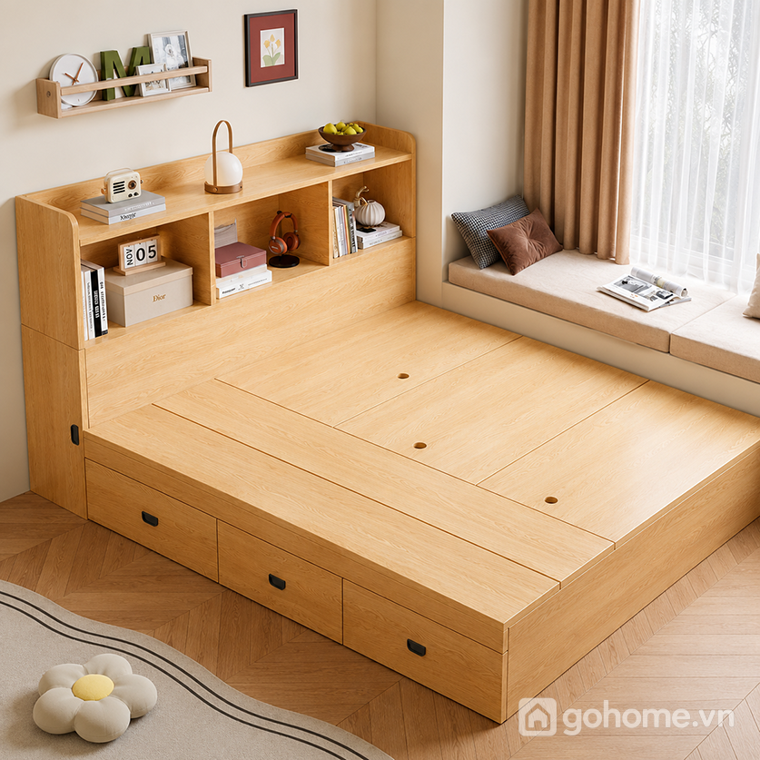Giường Ngủ Gỗ Có Hộc Chứa Đồ Và Kệ Đầu Giường GH-11051 - ảnh chi tiết 3