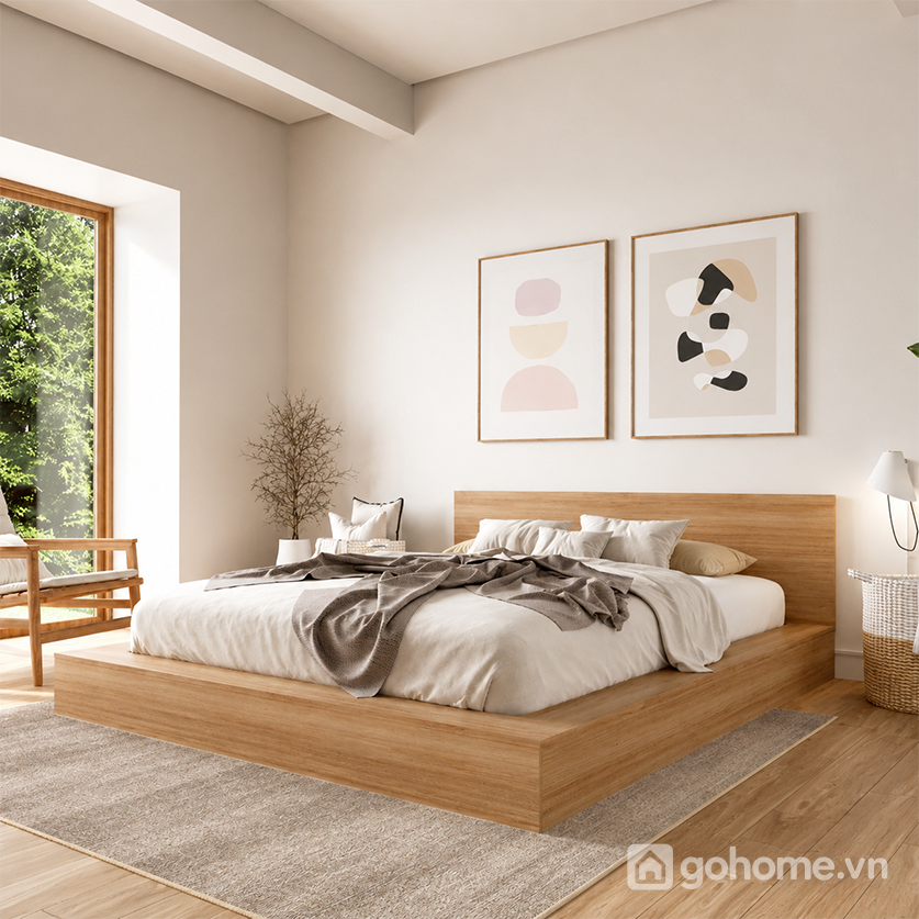 Giường ngủ gỗ tối giản phong cách Nhật Bản cho không gian nghỉ ngơi hiện đại