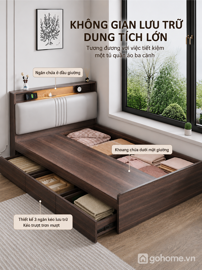 Không gian lưu trữ lớn giúp phòng ngủ gọn gàng