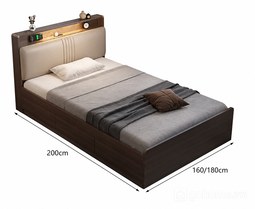 Kích thước chi tiết Giường ngủ có ngăn kéo và khoang chứa đồ dưới đệm GH GH- GH-11047