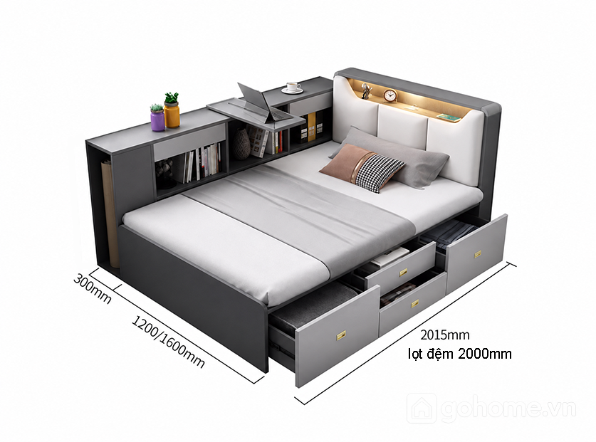 Kích thước chi tiết Giường Ngủ Đa Năng Kèm Kệ Sách GH-11055