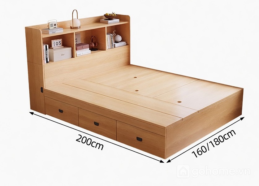 Kích thước chi tiết Giường Ngủ Gỗ Có Hộc Chứa Đồ Và Kệ Đầu Giường GH-11051