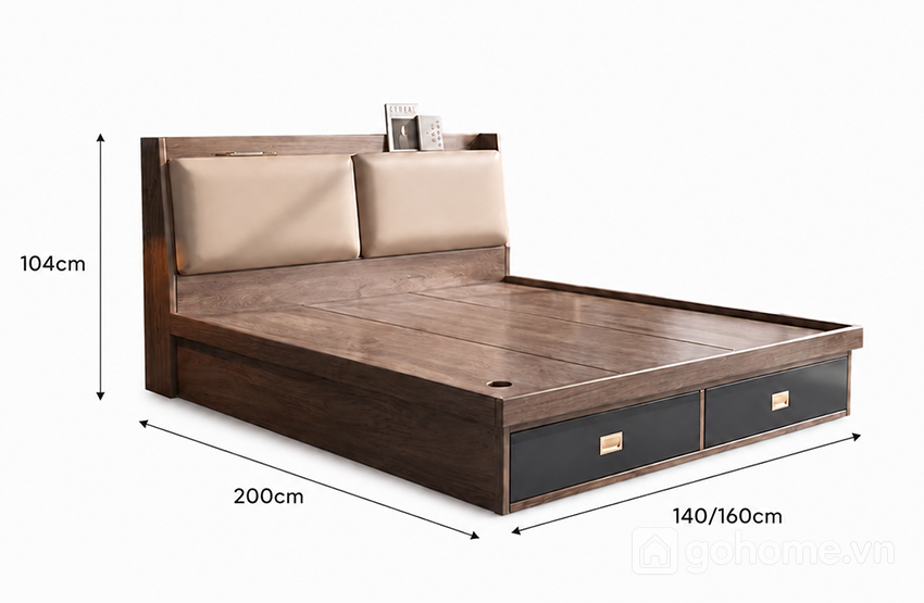 Kích thước chi tiết Giường Ngủ Gỗ Có Ngăn Kéo Lưu Trữ Đa Năng Hiện Đại GH-11062