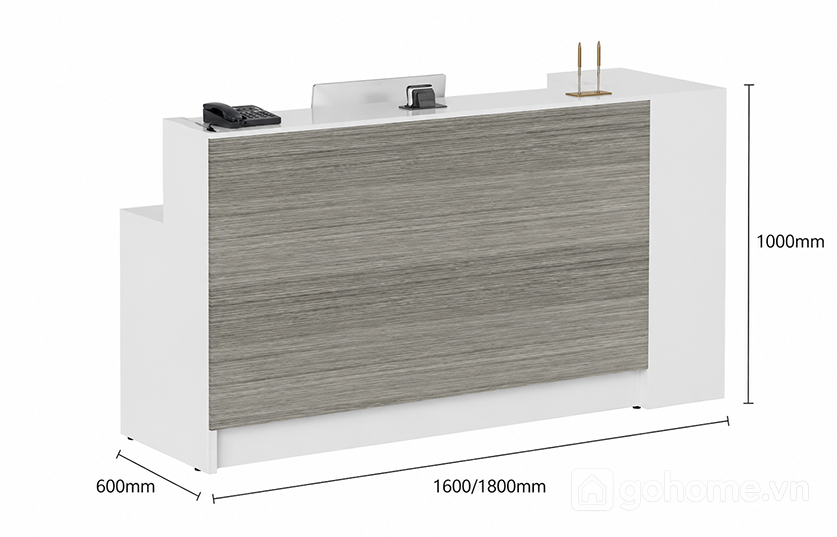Kích thước chi tiết Quầy Lễ Tân Phối Vân Gỗ Có Tủ Lưu Trữ GH-21067