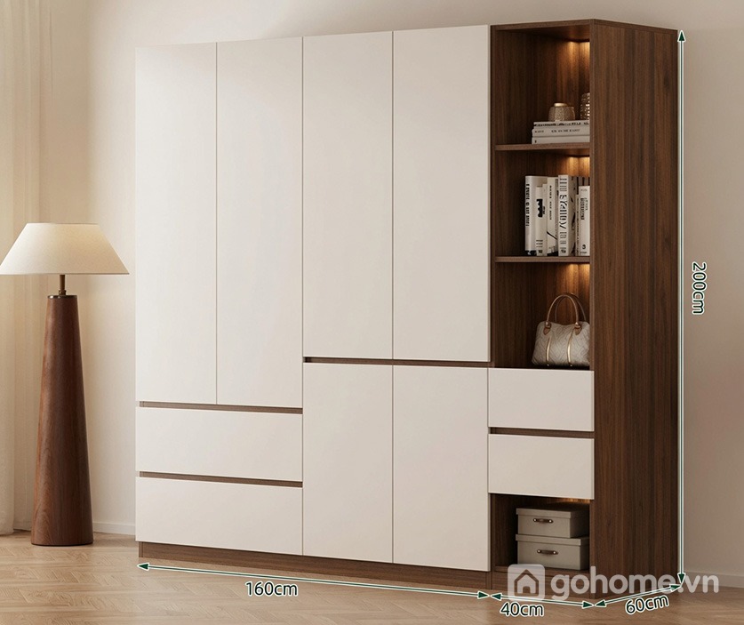 Kích thước chi tiết Tủ Quần Áo Cánh Phẳng Kết Hợp Kệ Trang Trí Hiện Đại GH-13091 2