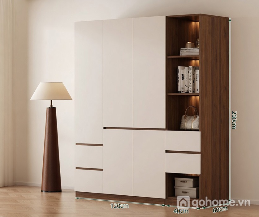 Kích thước chi tiết Tủ Quần Áo Cánh Phẳng Kết Hợp Kệ Trang Trí Hiện Đại GH-13091