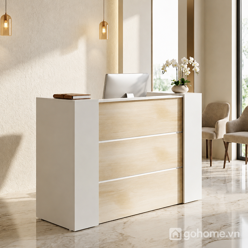 Quầy lễ tân gỗ công nghiệp có tủ lưu trữ tài liệu cho văn phòng hiện đại