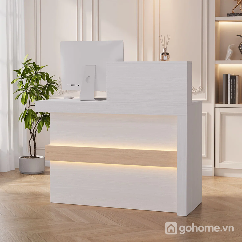 Quầy lễ tân hiện đại tích hợp tủ lưu trữ giúp không gian làm việc gọn gàng