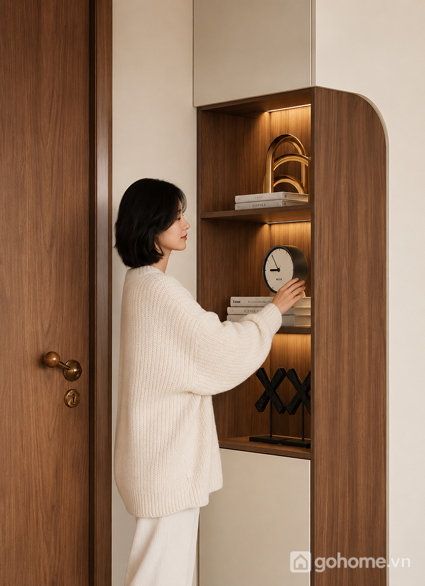Thiết kế hiện đại với điểm nhấn kệ trang trí tích hợp đèn led