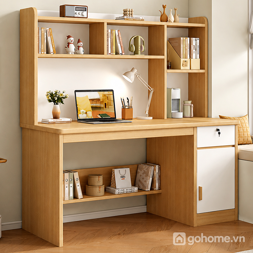Bàn học liền giá sách có tủ cánh mở giúp tối ưu không gian lưu trữ