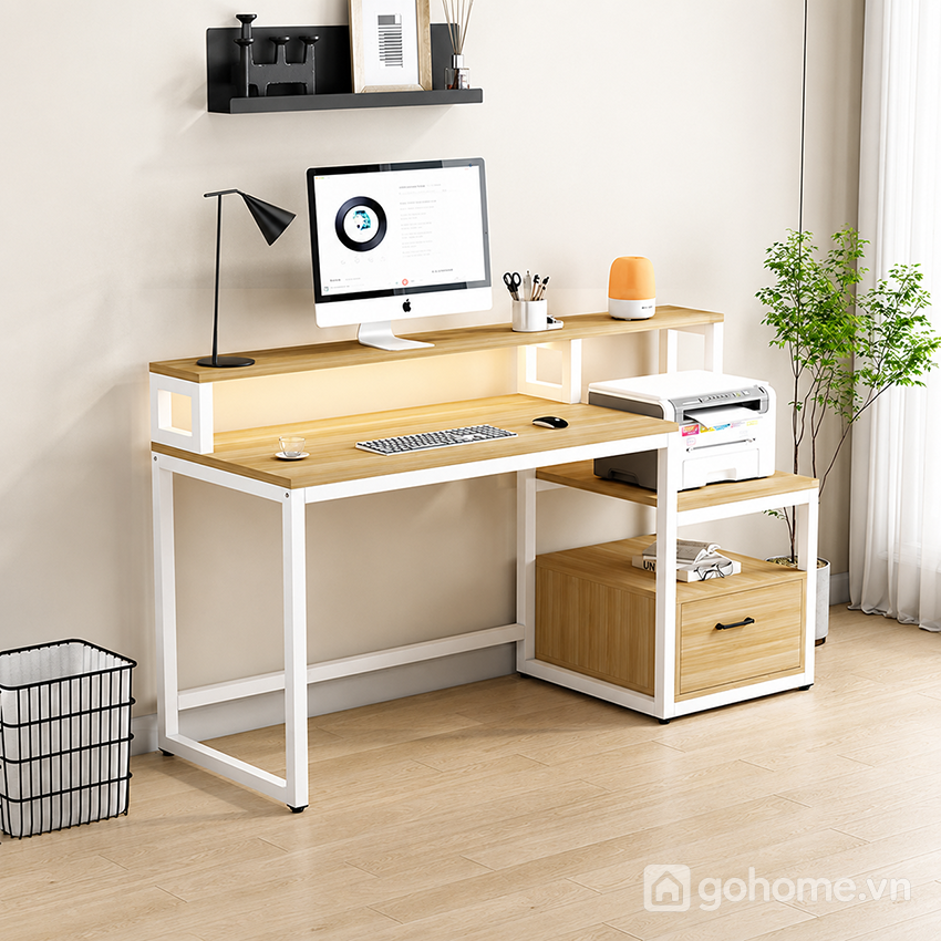 Bàn làm việc khung sắt có tầng để màn hình giúp tối ưu góc làm việc gọn gàng