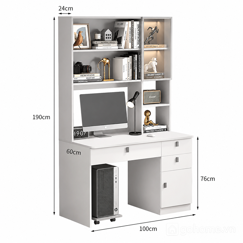 Kích thước chi tiết Bàn Làm Việc Liền Giá Sách Nhiều Ngăn Lưu Trữ Hiện Đại GH-72046