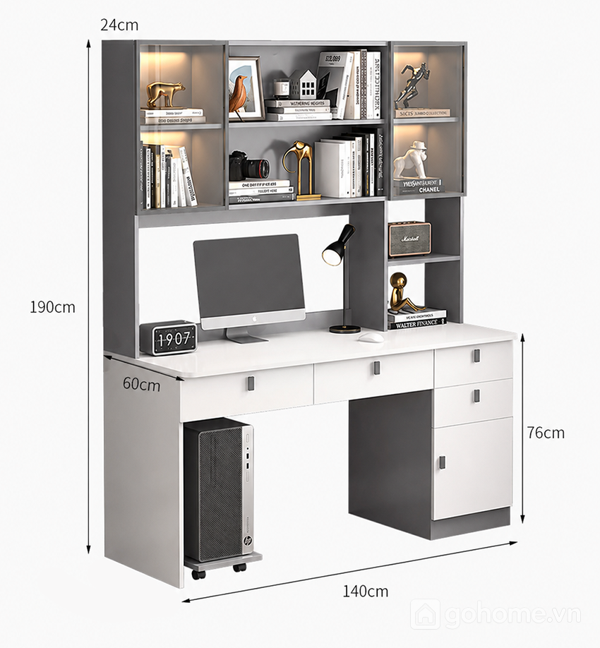 Kích thước chi tiết Bàn Làm Việc Liền Giá Sách Nhiều Ngăn Lưu Trữ Hiện Đại GH-72046 2