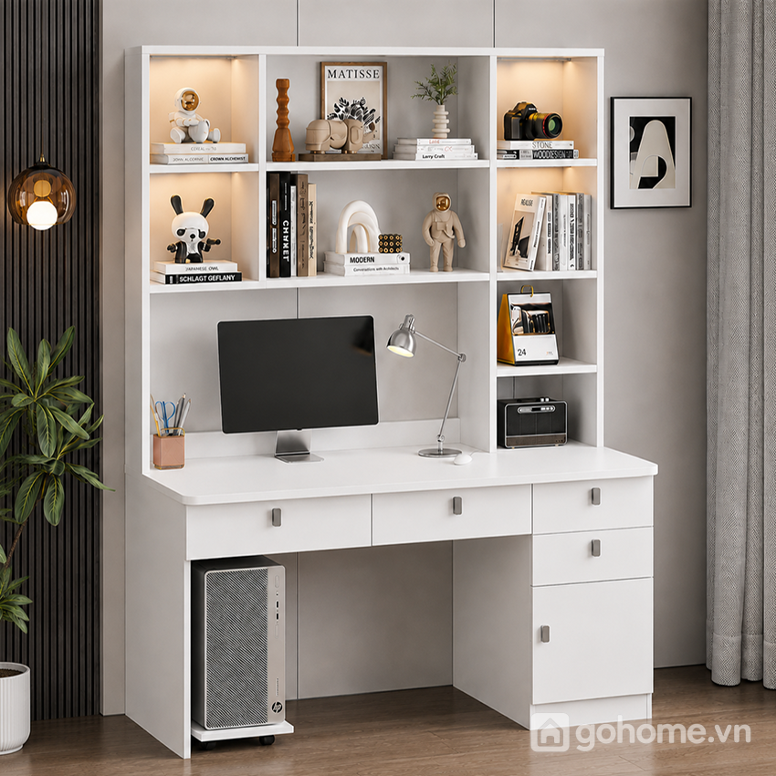 Bàn làm việc liền giá sách nhiều ngăn lưu trữ giúp không gian luôn gọn gàng