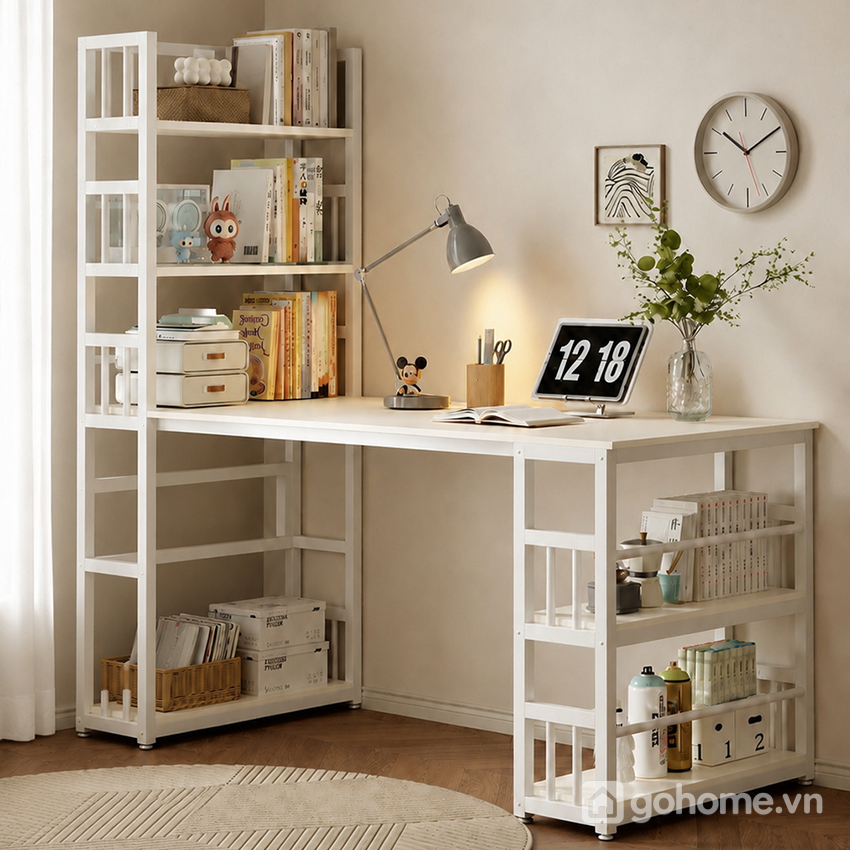Bàn làm việc liền kệ sách khung sắt giúp tối ưu không gian lưu trữ hiệu quả