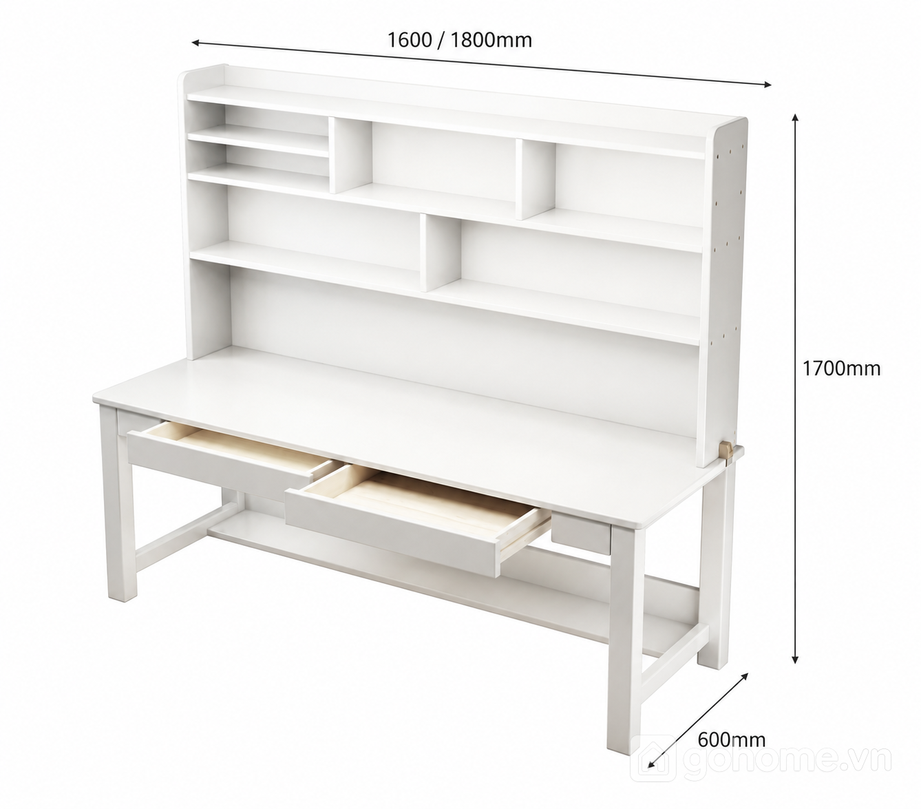 Kích thước chi tiết Bàn Học Đôi Trẻ Em Liền Giá Sách Hiện Đại GH-72044