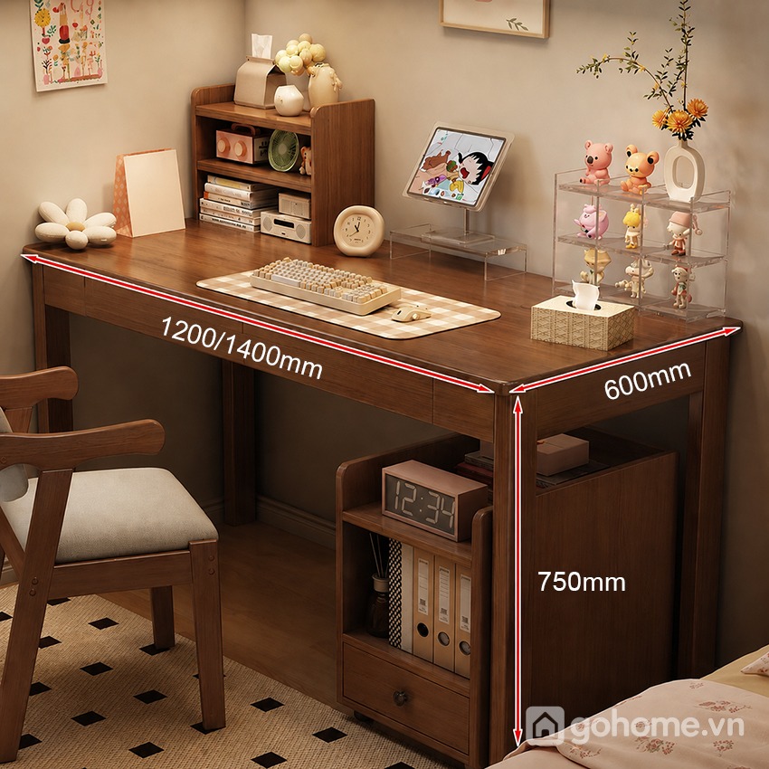 Kích thước chi tiết Bàn Học Gỗ Có Tủ Di Động Và Kệ Sách Mini Hiện Đại GH-72039