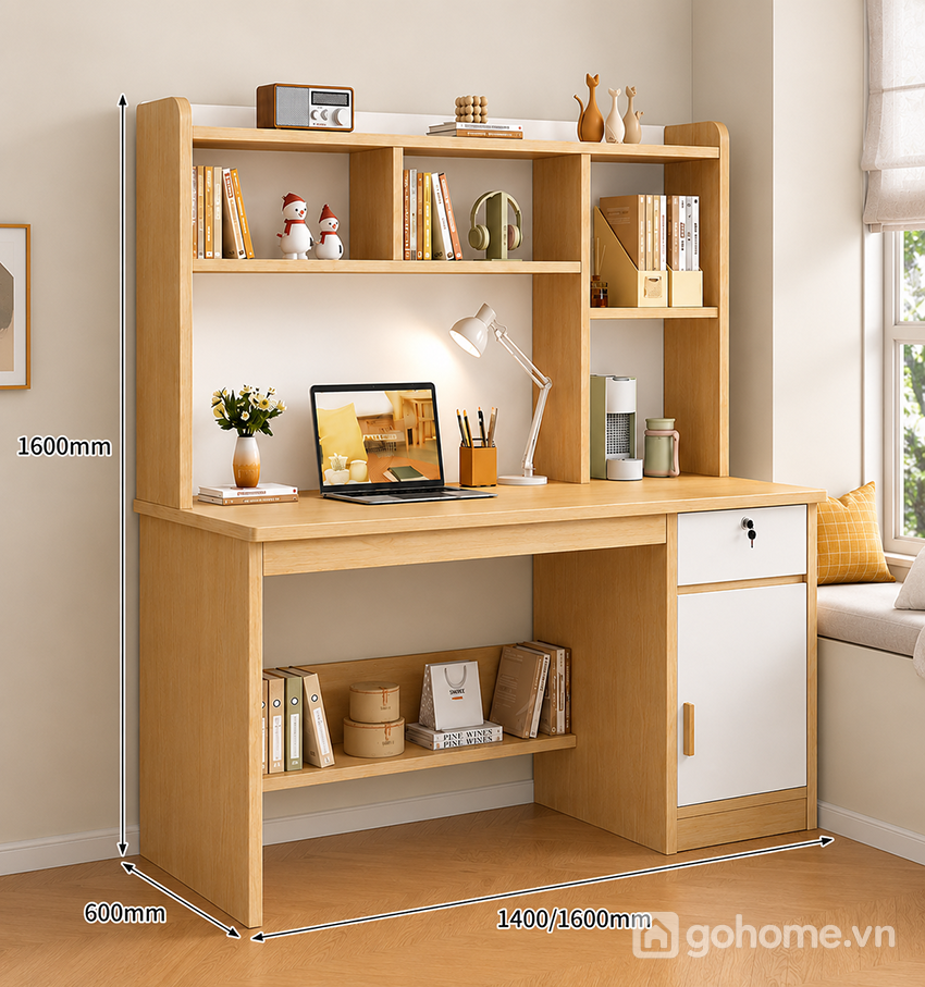 Kích thước chi tiết Bàn Học Liền Giá Sách Có Tủ Cánh Mở Hiện ĐạI GH-72045