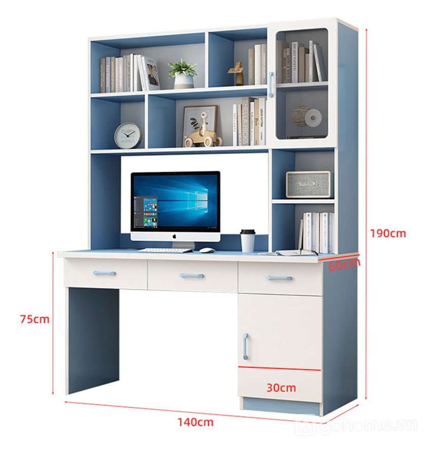 Kích thước chi tiết Bàn Học Liền Giá Sách Có Tủ Kính Lưu Trữ GH-72052 2