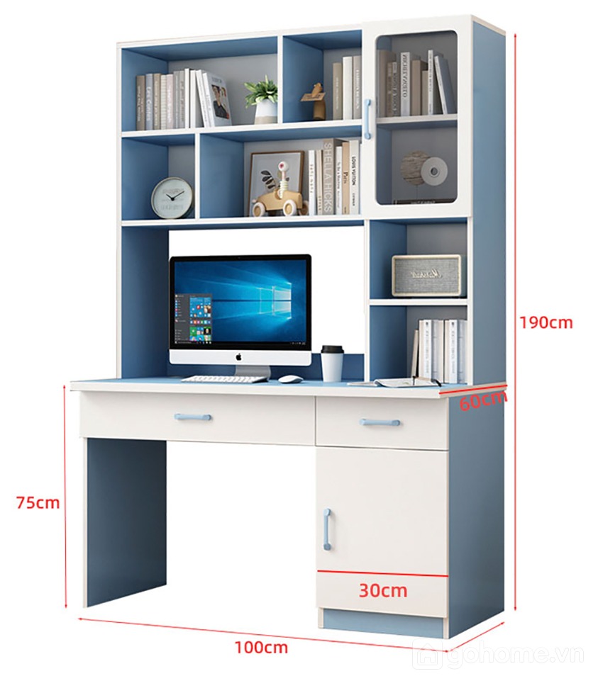Kích thước chi tiết Bàn Học Liền Giá Sách Có Tủ Kính Lưu Trữ GH-72052