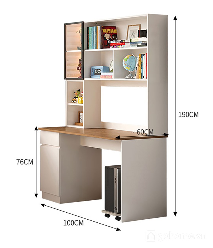 Kích thước chi tiết Bàn Học Liền Giá Sách Có Tủ Lưu Trữ Hiện Đại GH-72049