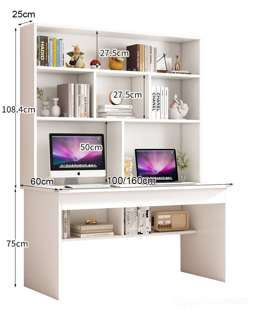 Kích thước chi tiết Bàn Học Liền Giá Sách Gỗ Công Nghiệp 2 Chỗ Hiện Đại GH-72048