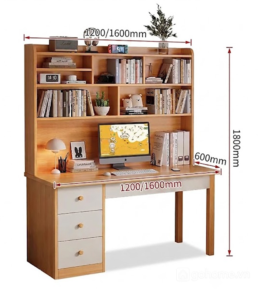 Kích thước chi tiết Bàn Học Liền Giá Sách Gỗ Công Nghiệp Nhiều Ngăn GH-72047