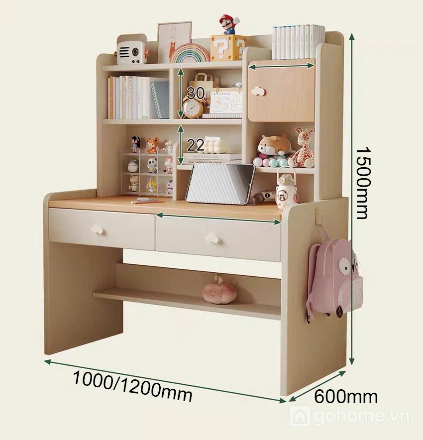 Kích thước chi tiết Bàn Học Trẻ Em Có Giá Sách Liền Bàn Đa Năng GH-72040