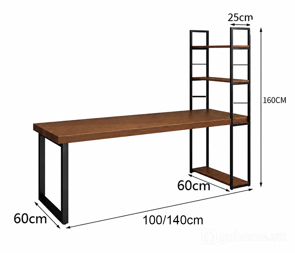 Kích thước chi tiết Bàn Làm Việc Chân Sắt Mặt Gỗ Dài Hiện Đại GH-71035