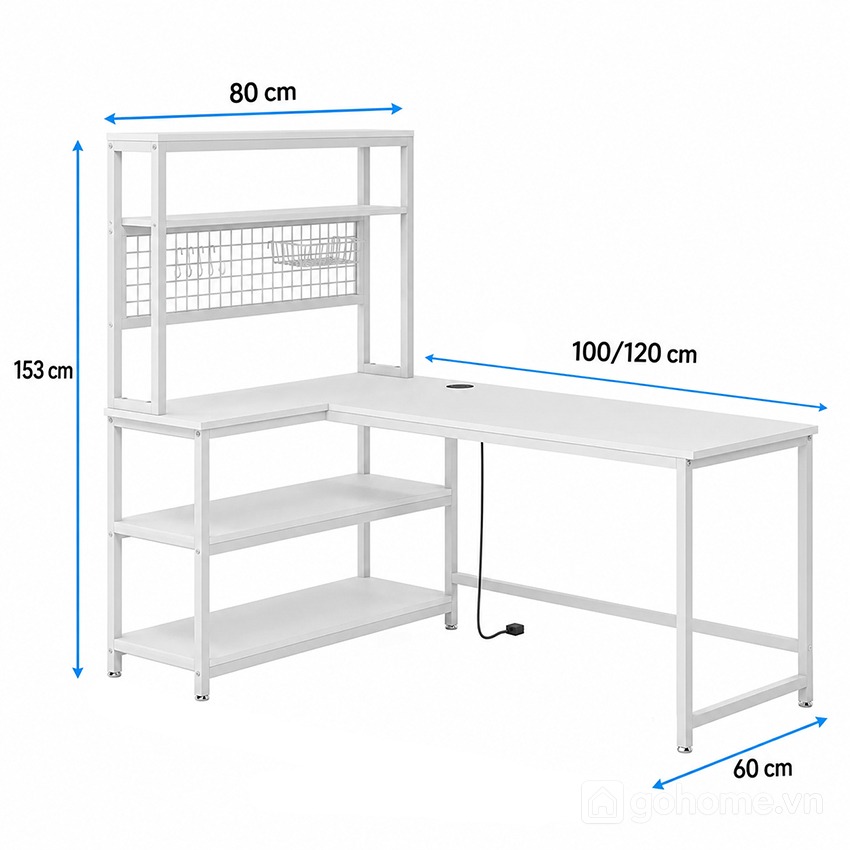 Kích thước chi tiết Bàn Làm Việc Góc Chữ L Khung Sắt Có Kệ Lưu Trữ GH-71045