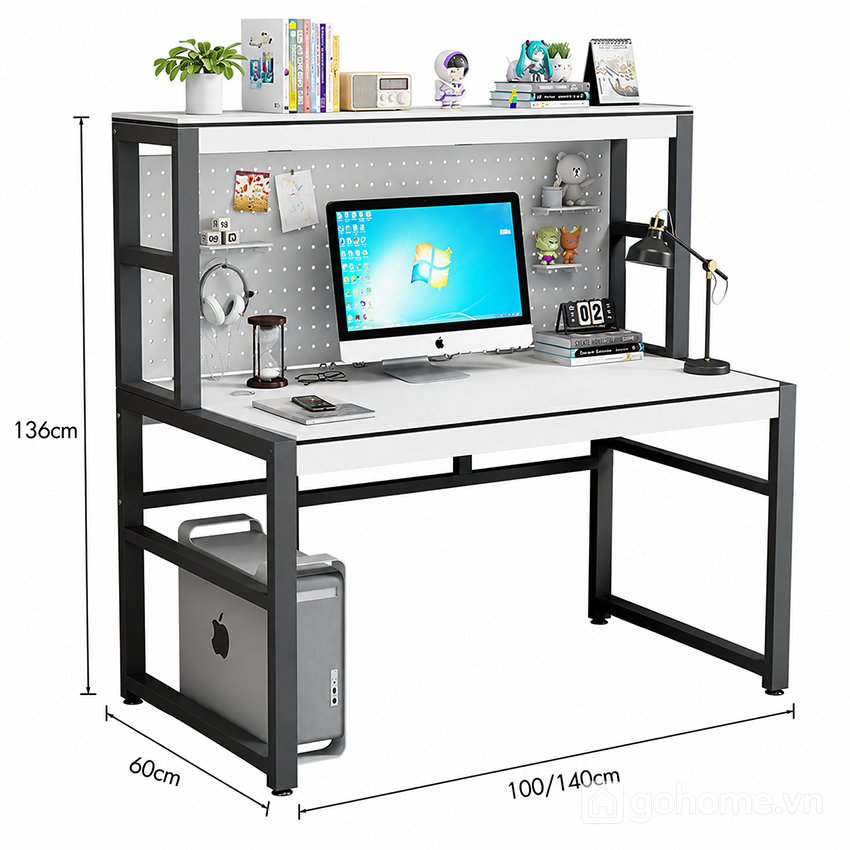 Kích thước chi tiết Bàn Làm Việc Khung Sắt 2 Tầng Hiện Đại GH-71040