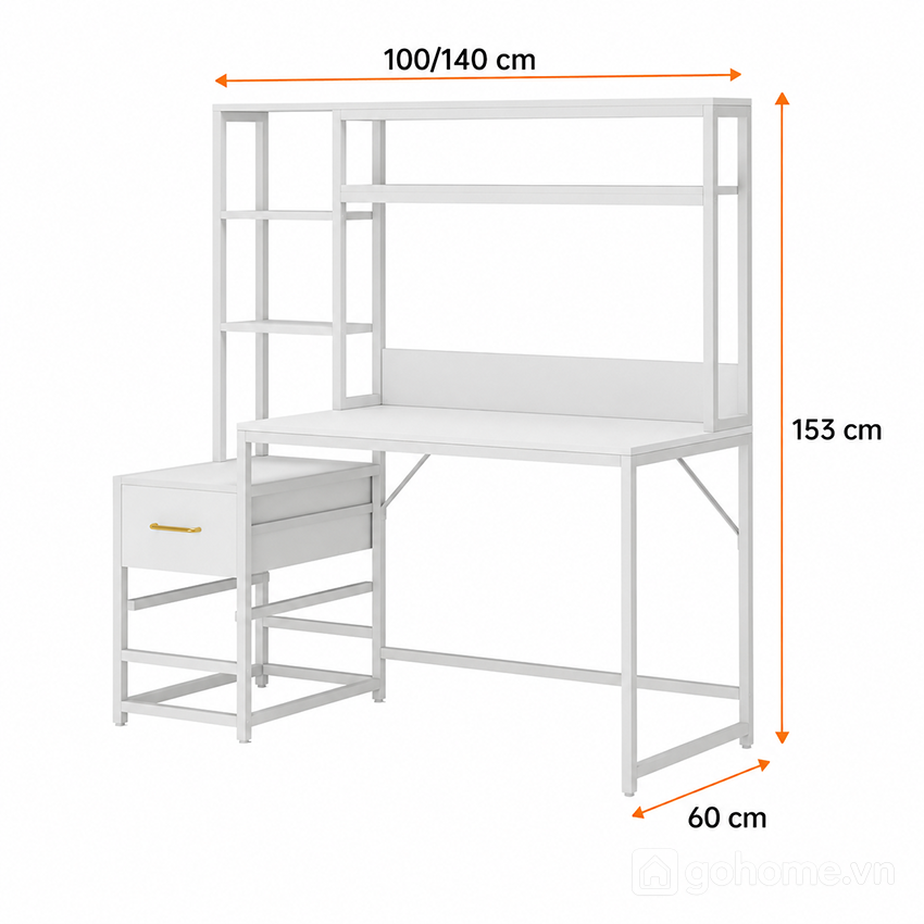 Kích thước chi tiết Bàn Làm Việc Khung Sắt Có Hộc Tủ Và Kệ Sách Hiện Đại GH-71044