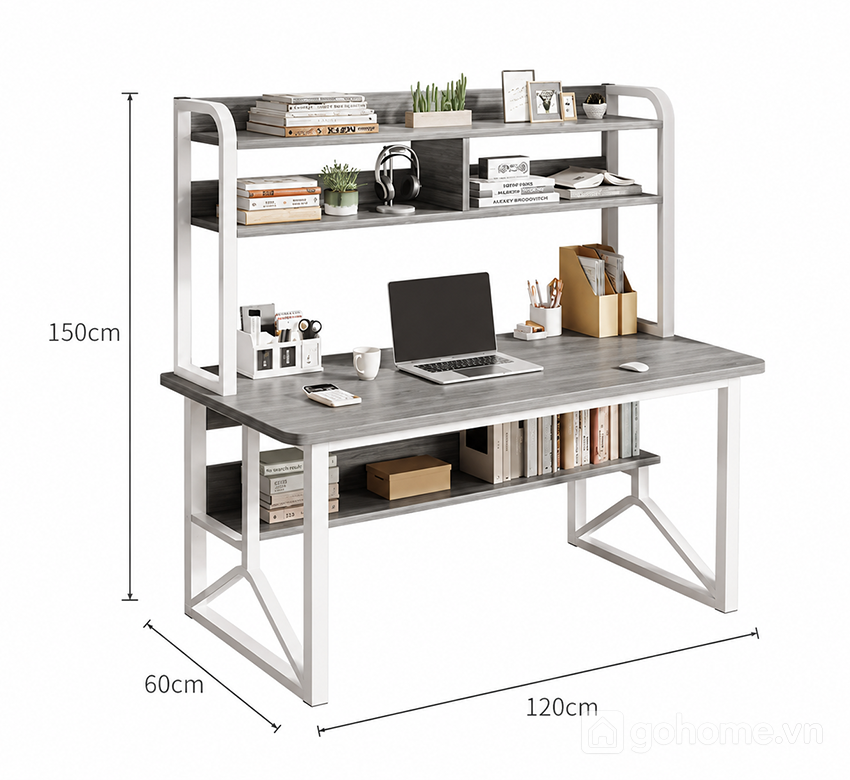 Kích thước chi tiết Bàn Làm Việc Khung Sắt Có Kệ Để Sách Hiện Đại GH-71034 2
