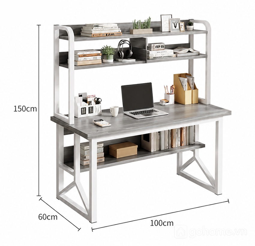 Kích thước chi tiết Bàn Làm Việc Khung Sắt Có Kệ Để Sách Hiện Đại GH-71034