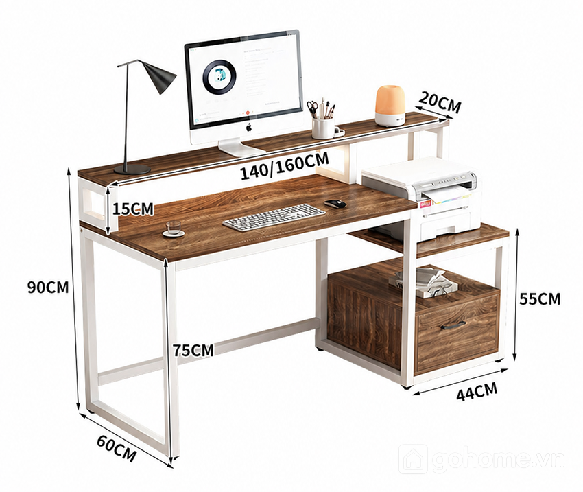 Kích thước chi tiết Bàn Làm Việc Khung Sắt Có Tầng Để Màn Hình Hiện Đại GH-71042