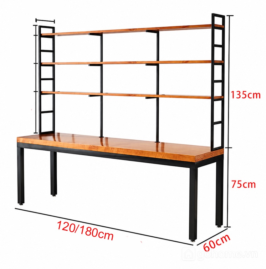 Kích thước chi tiết Bàn Làm Việc Khung Sắt Kết Hợp Kệ Sách Nhiều Tầng GH-71036