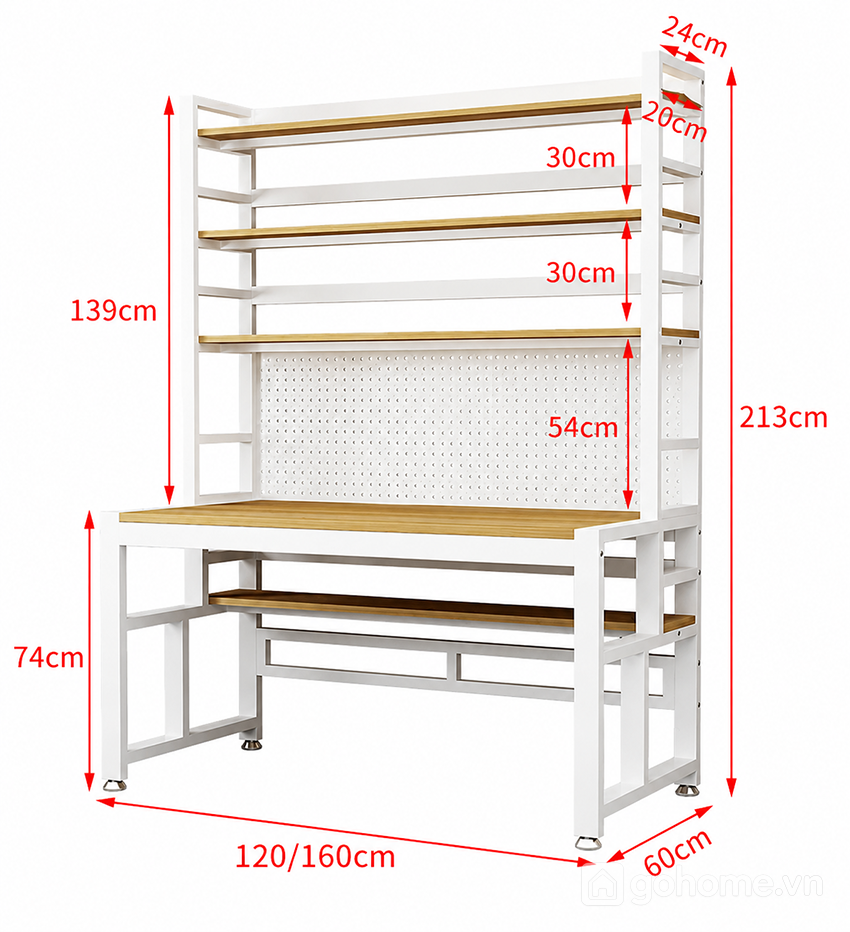 Kích thước chi tiết Bàn Làm Việc Khung Sắt Liền Kệ Sách Đa Năng GH-71037