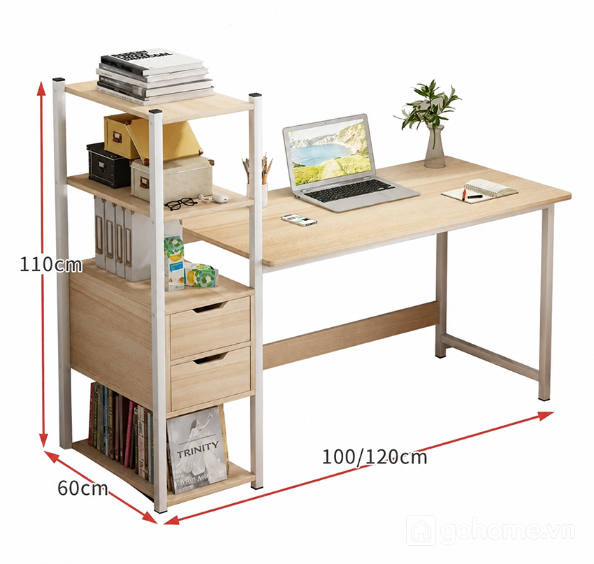 Kích thước chi tiết Bàn Làm Việc Khung Sắt Tích Hợp Kệ Lưu Trữ Bên Hông GH-71043