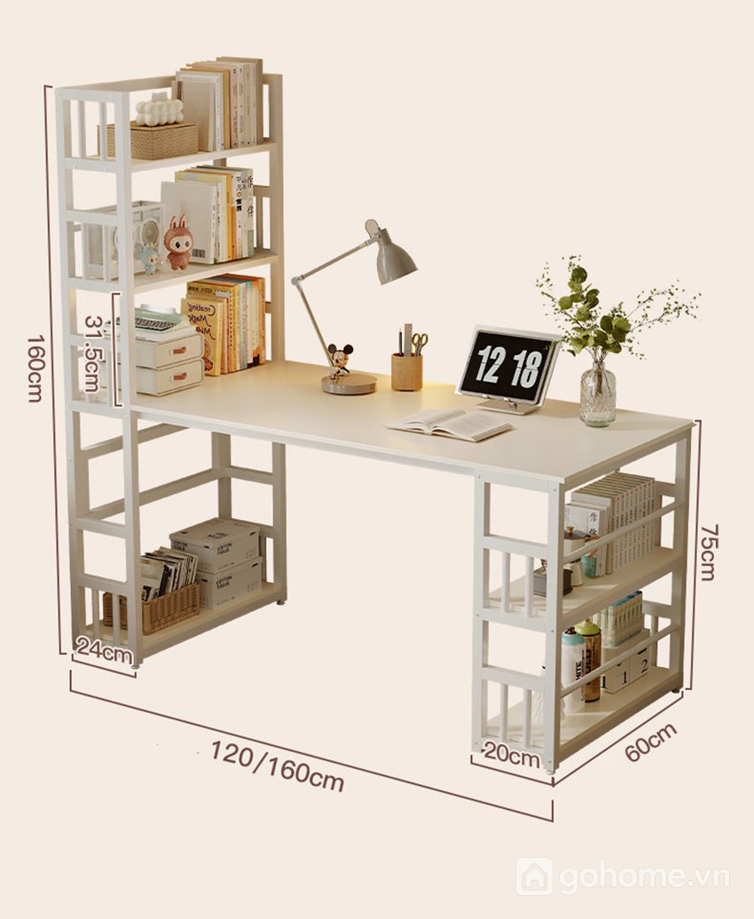 Kích thước chi tiết Bàn Làm Việc Liền Kệ Sách Khung Sắt Hiện Đại GH-71038