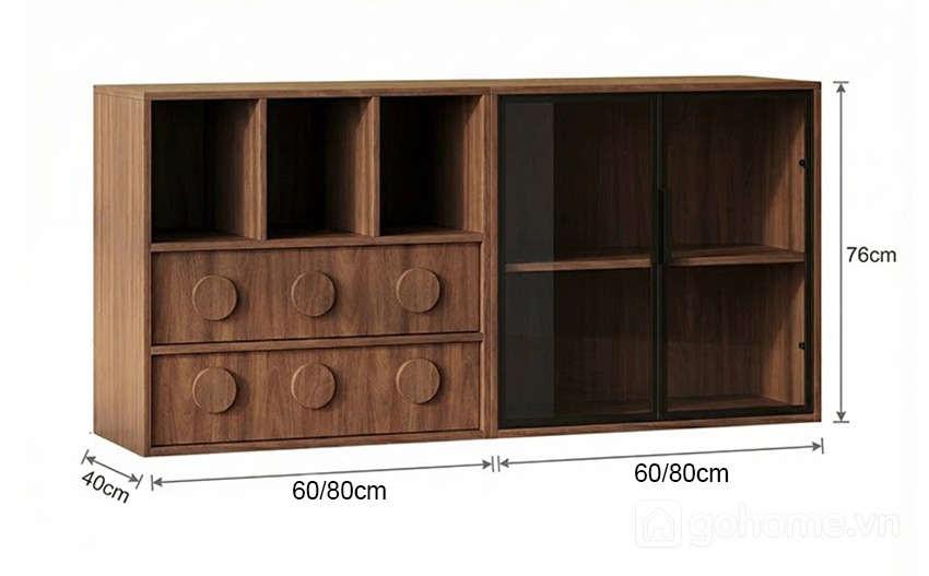 Kích thước chi tiết Tủ Trang Trí Gỗ Cánh Kính Kết Hợp Ngăn Kéo Hiện Đại GH-56005