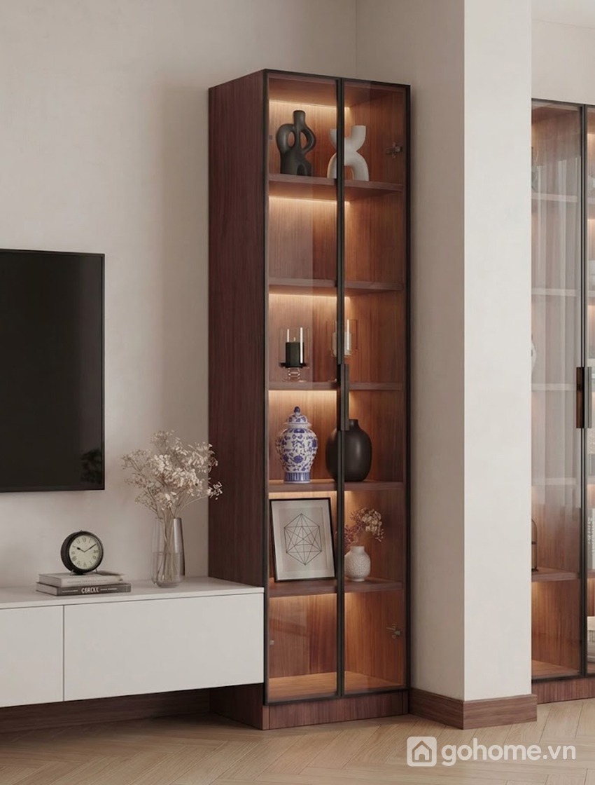 Tủ trang trí gỗ cánh kính đứng hiện đại tối ưu không gian trưng bày