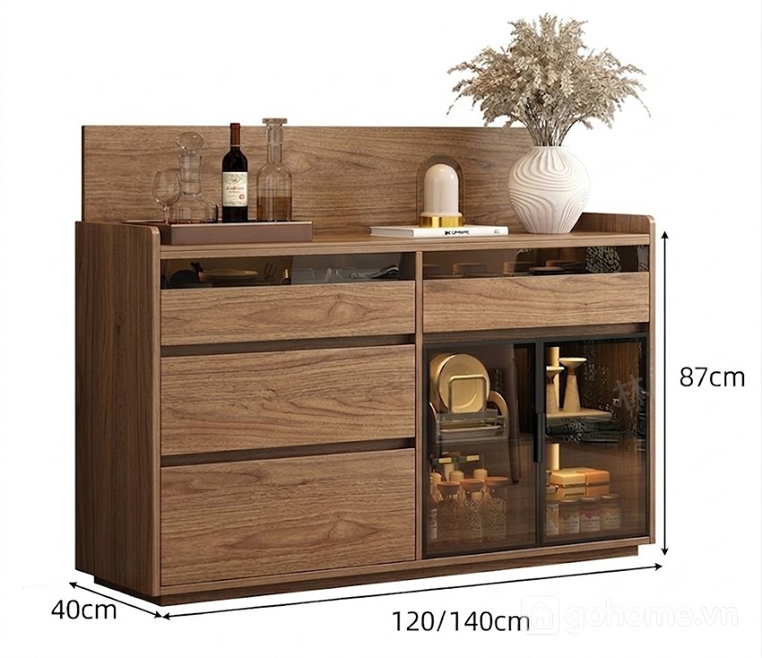 Kích thước chi tiết Tủ Decor Gỗ Cánh Kính Thấp Hiện Đại Cho Phòng Khách GH-56008 2
